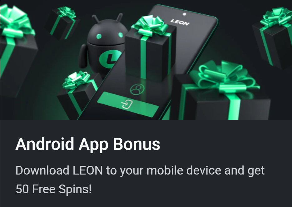 LEON promotional banner for the Android app sign-in offer of 50 free spins
