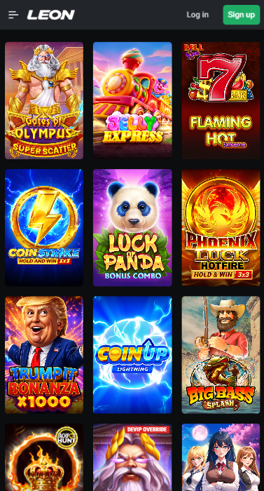 Casino lobby inside the Android app with the poster grid rebuilt for a vertical screen