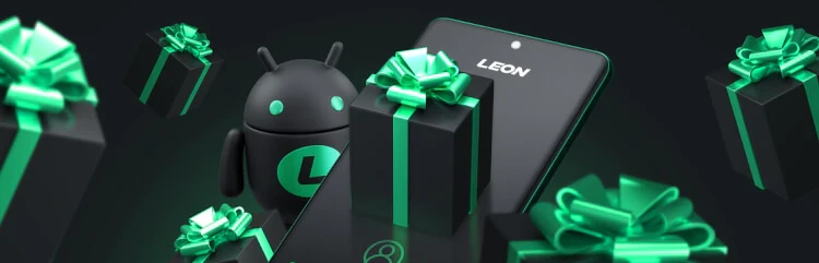 LEON brand artwork: an Android robot carrying the LEON mark beside a phone and wrapped gift boxes