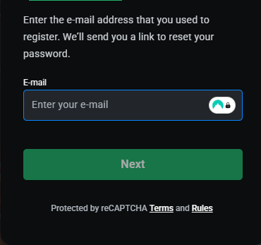 Password reset panel asking for the registered email address before sending a link