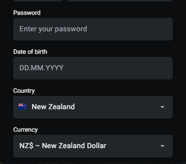 Registration form fields for country and account currency, with New Zealand dollars selected