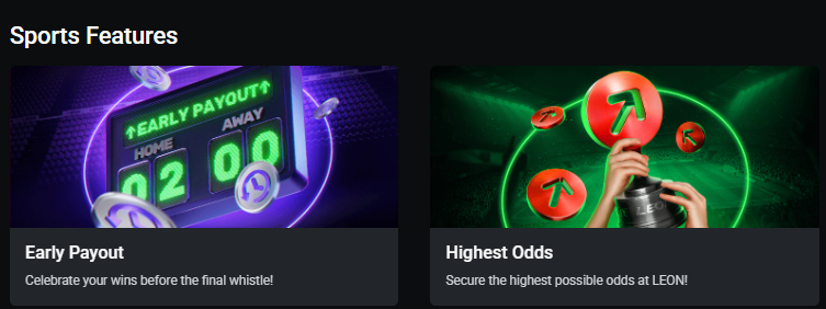 Sports feature cards in the LEON betting section: early payout and best available odds