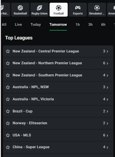 Sportsbook section of the app listing top leagues with the day filter above them